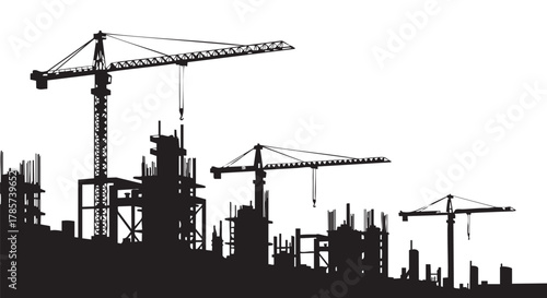 A silhouette depicts construction cranes and building frameworks against a white background, symbolizing urban development and progress.