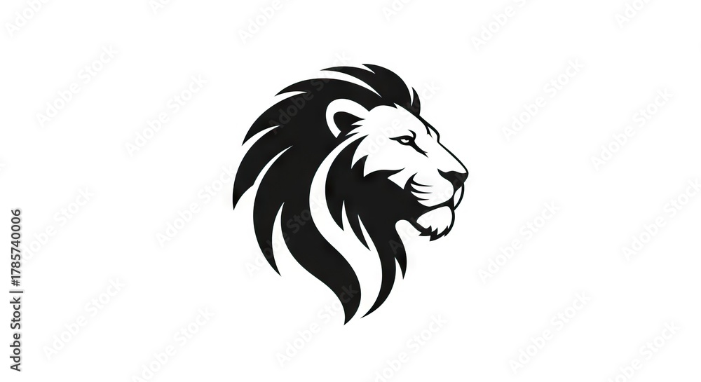 Fototapeta premium A monochrome vector drawing of a lions head facing right with a thick mane