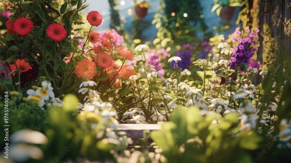 Obraz premium lush garden, vibrant flowers, whimsical floral arrangement, enchanting outdoor scene, vibrant colors, dreamy bokeh, natural light, soft focus, serene atmosphere, summer landscape, botanical beauty 