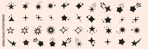 Retro futuristic sparkle icons collection. Set of star shapes. Abstract cool shine effect sign vector design.