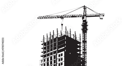 A monochrome illustration shows a construction crane working on a building, depicting urban development and engineering against a white backdrop.