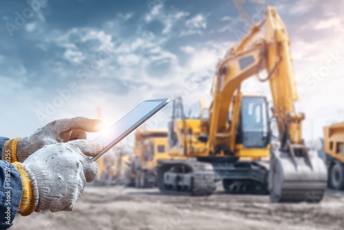 Foreman uses Digital Tablet, project management at the site. Overseeing the work. Worker review plans against a heavy machinery equipment backdrop. Automated logistics online. Control loading of cargo