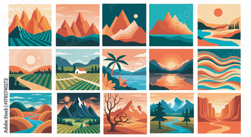 Set of 15 stylized landscape illustrations with mountains, fields, rivers, and sunsets, using retro flat design