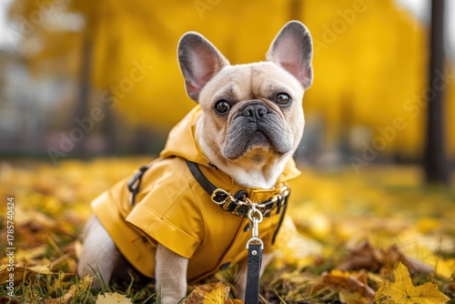 Fototapeta Naklejka Na Ścianę i Meble -  French dog dressed in clothes in the autumn forest. Bulldog cute puppy wearing yellow raincoat rain slicker close up portrait. Pretty sweet small little dog outdoor dress, jacket on the fall season.
