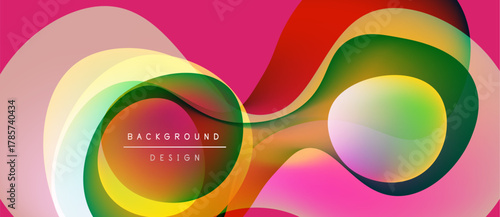 Abstract colorful waves, dynamic flowing shapes. Pink backdrop features layered translucent forms, modern design elements.