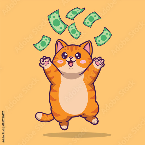 Cute Tabby Cat Jumping Joyfully with Floating Dollar Bills – Whimsical Vector Illustration for Money and Celebration Themes