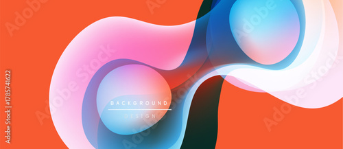 Abstract fluid shapes overlap, creating vibrant color gradients. Orange backdrop complements flowing design elements. Modern, dynamic composition.