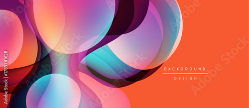 Abstract colorful overlapping circles create dynamic background. Orange hues dominate, blending with purple, blue tones. Modern design element.