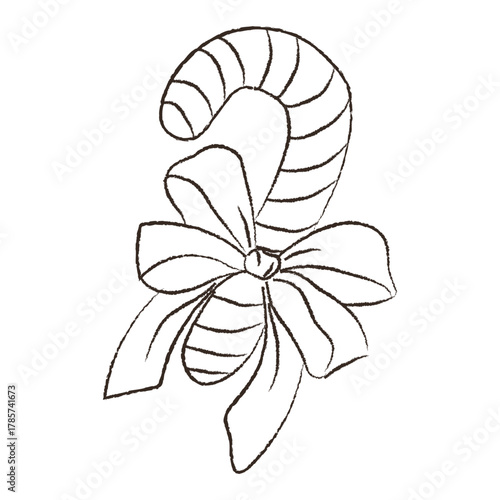 Hand drawn Christmas and New Year doodle cane. Vintage ink drawings sketch style, candy cane with a bow is a festive decoration for Christmas celebrations and holiday crafts