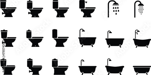 Bathroom fixture silhouettes including toilets, showers, and bathtubs, plumbing icons, interior design illustration, modern sanitary ware elements, architectural decor symbols