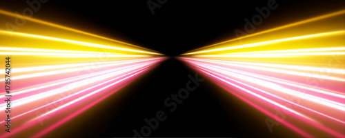 Neon light motion background with abstract city trails and glowing spiral waves. Vector PNG perfect for futuristic web graphics or dynamic digital compositions. Bright luminous effect.