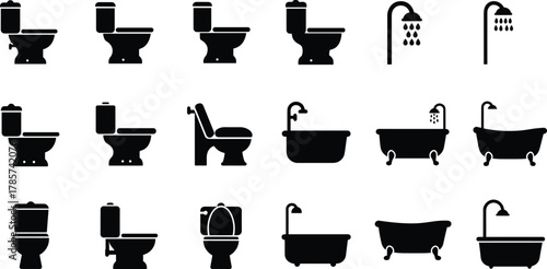 Bathroom fixture silhouettes including toilets, sinks, showers, and bathtubs, plumbing icons, interior design illustration, modern sanitary ware elements, architectural decor symbols