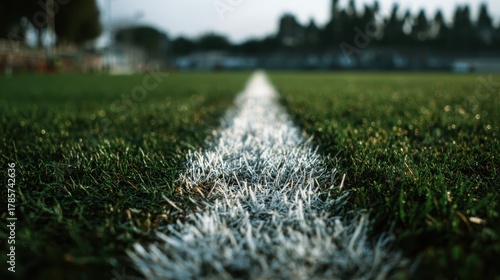 White line marks the boundary of a well-maintained soccer field in the early morning light with a hint of dew on the grass