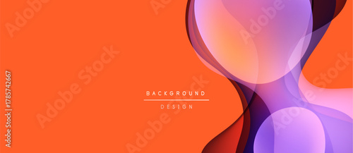 Abstract design features overlapping translucent shapes. Orange background contrasts with purple, pink hues. Minimalist text reads background design.