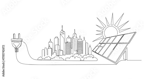 Continuous one line drawing of a modern city skyline powered by a solar panel, illustrating the concept of renewable green energy and sustainability