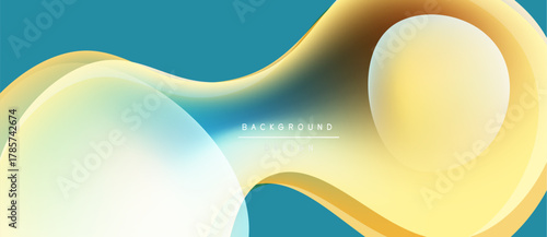 Abstract flowing shapes, teal background, yellow gradients. Modern design element, smooth curves, dynamic composition. Minimalist aesthetic.