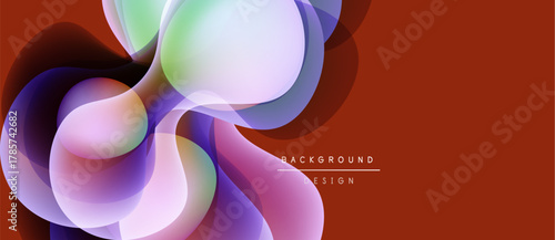 Abstract fluid shapes overlap, creating vibrant color blends against deep red backdrop. Modern design element.