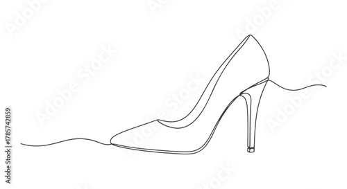 Minimalist one continuous line drawing of a stylish high-heeled shoe, a flowing illustration capturing elegance and modern fashion in a simple stroke