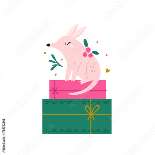 Cute Pink Australian Bilby Sitting on Gift Boxes. Christmas Holiday Design, Print. Adorable Vector Illustration