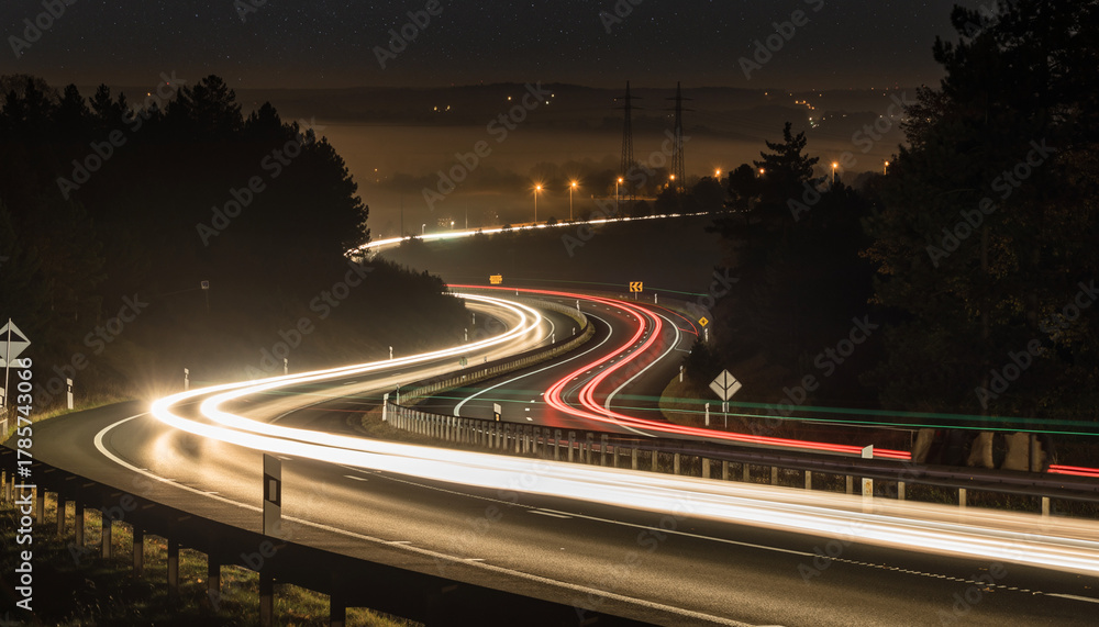 Fototapeta premium Night highway with light trails from passing vehicles.