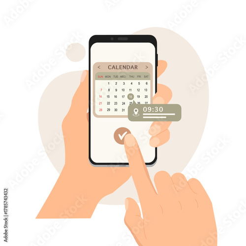hand holds smartphone with calendar, online booking setting a date and time on digital calendar, time appointment 