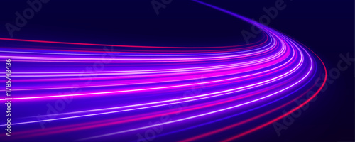 Pink-purple neon trails twist across a transparent PNG background, evoking dynamic digital motion. Polygonal shapes float along glowing lines. Ideal for AI or tech visuals.