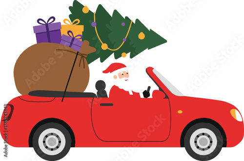 Cartoon Santa Claus driving red convertible car with Christmas tree and gift sack, festive holiday illustration, cheerful seasonal artwork, winter celebration