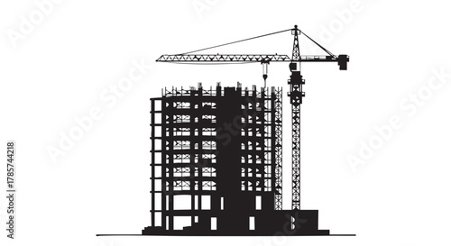 A silhouette of a building under construction with a crane, representing urban development and architectural progress against a white backdrop.