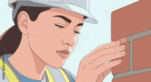 A focused female construction worker meticulously lays bricks, demonstrating skill and precision in building a sturdy wall, representing women in trades.