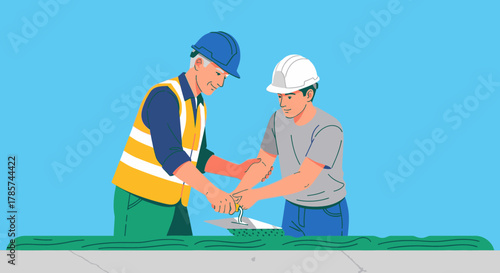 Construction professionals in hard hats shake hands over project plans, symbolizing a successful agreement, strong teamwork, and collaborative effort on the job site.