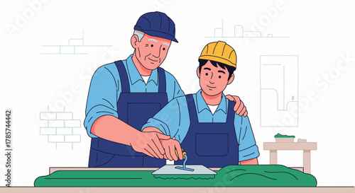 A seasoned construction professional provides hands-on guidance to a new trainee, illustrating the correct method for applying mortar in a building setting.