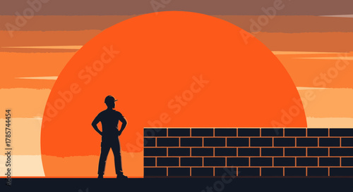 A determined individual stands silhouetted against a vibrant orange sunset, facing a challenging brick wall, embodying perseverance and the pursuit of goals.