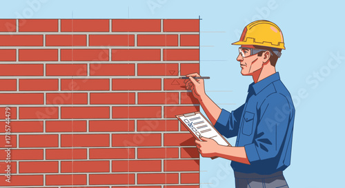 A diligent construction professional, wearing a hard hat and safety glasses, meticulously examines a newly constructed red brick wall for quality assurance.