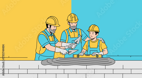 Two experienced construction workers provide hands-on mentorship to a young apprentice, demonstrating essential bricklaying techniques with trowels and mortar.