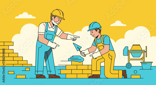 An experienced construction worker teaches a new apprentice the art of bricklaying, emphasizing skill transfer and collaborative effort in building.
