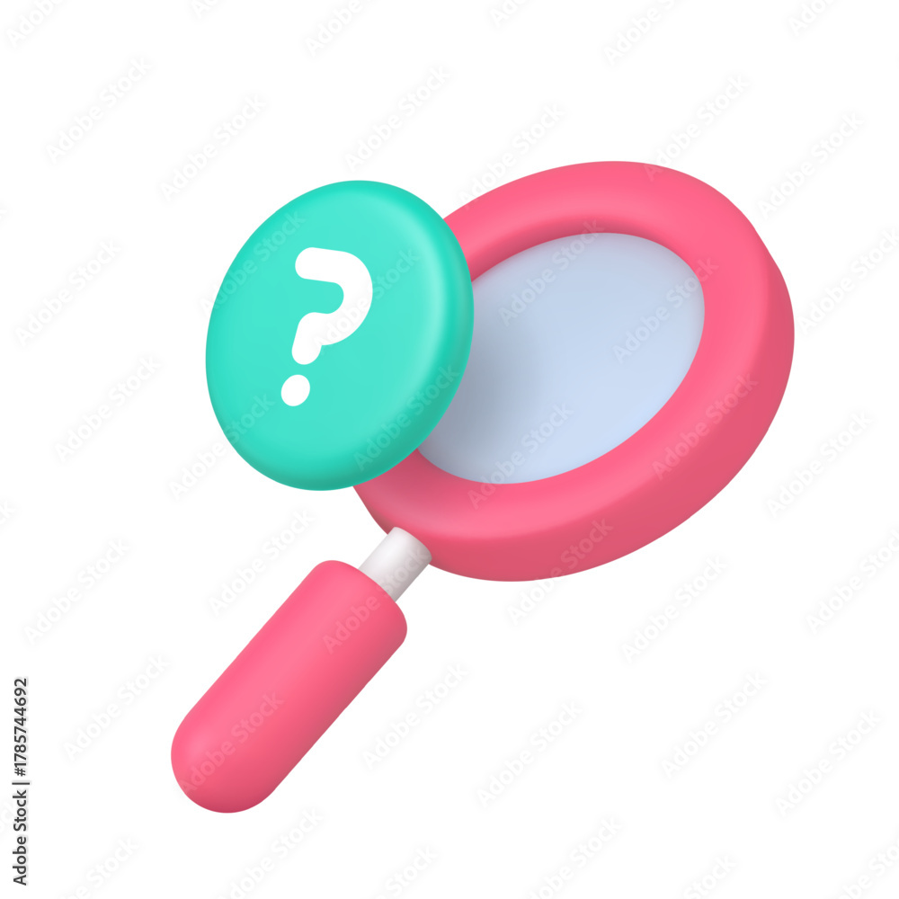 Obraz premium Search investigation and question research concept with magnifying glass and question mark symbol for detective mystery applications. Modern 3d icon realistic vector illustration