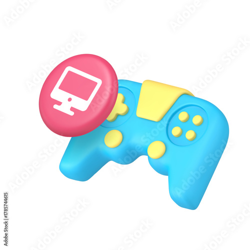 Gaming entertainment and computer technology concept with game controller and desktop monitor symbol for digital applications. Modern 3d icon realistic vector illustration