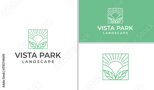 Minimalist Green Landscape Line Art Logo with Sunrise Symbol in a field on a white background