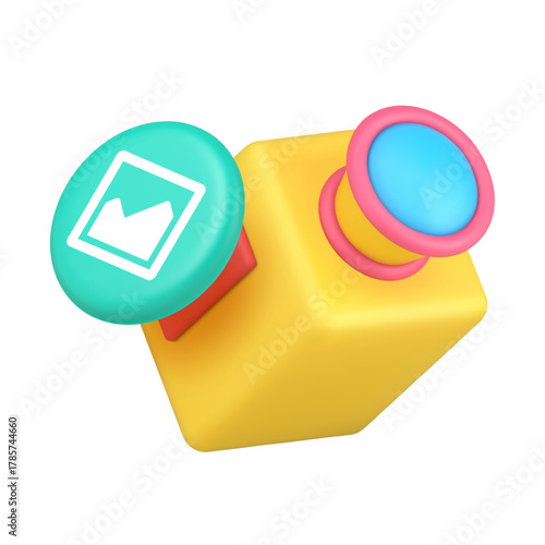 Video recording media production and photography concept with camera and landscape image symbol for content creation applications. Modern 3d icon realistic vector illustration