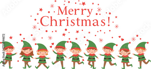 Christmas elf illustration with ten cheerful elves holding hands under Merry Christmas text, festive holiday artwork, joyful seasonal celebration design