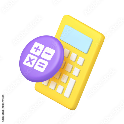 Financial calculation accounting and mathematics concept with calculator and arithmetic symbols for business finance applications. Modern 3d icon realistic vector illustration