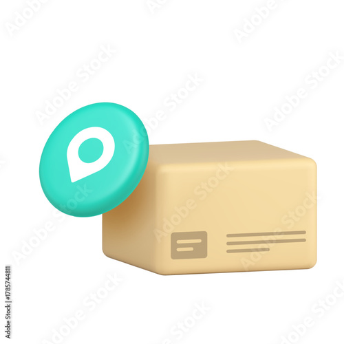 Cardboard box with location pin for package delivery shipping logistics tracking postal service parcel mail and address marker 3d icon realistic vector illustration