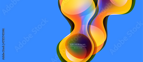 Abstract colorful shapes overlap, creating dynamic visual effect. Bright hues contrast against blue backdrop. Modern design element.