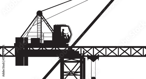 A black silhouette of a construction crane stands against a white background, symbolizing industry, building, and engineering projects with precision.