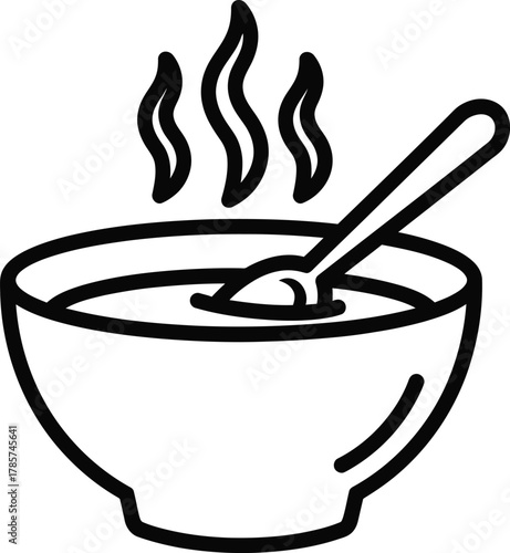 Hot soup bowl vector illustration steaming soup with spoon line art eps silhouette