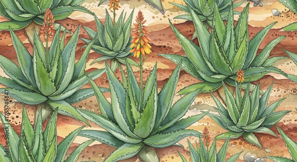 Fototapeta premium A seamless pattern of hand-drawn aloe vera succulent plants with orange blossoms on a sandy background