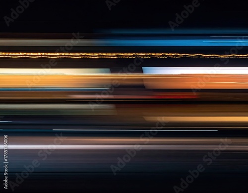 Blurred colorful streaks stretch horizontally in the dark