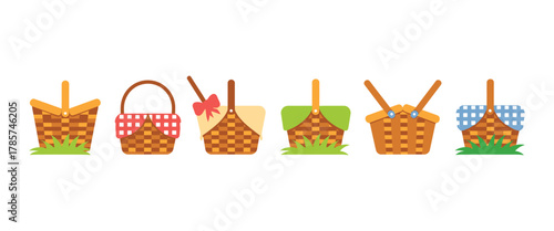 Easter Picnic Basket Icon – Straw Hamper on Grass with Bow, Empty Spring Bag Set Isolated on White, Cute Vector Illustration