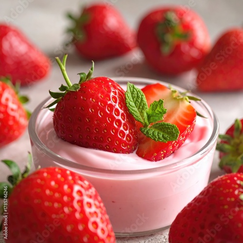 Strawberries atop pink yogurt, mint garnish, close-up