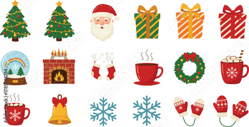 Christmas holiday illustration set with Santa Claus, trees, gifts, snow globe, fireplace, stockings, mugs, wreath, bell, snowflakes, mittens